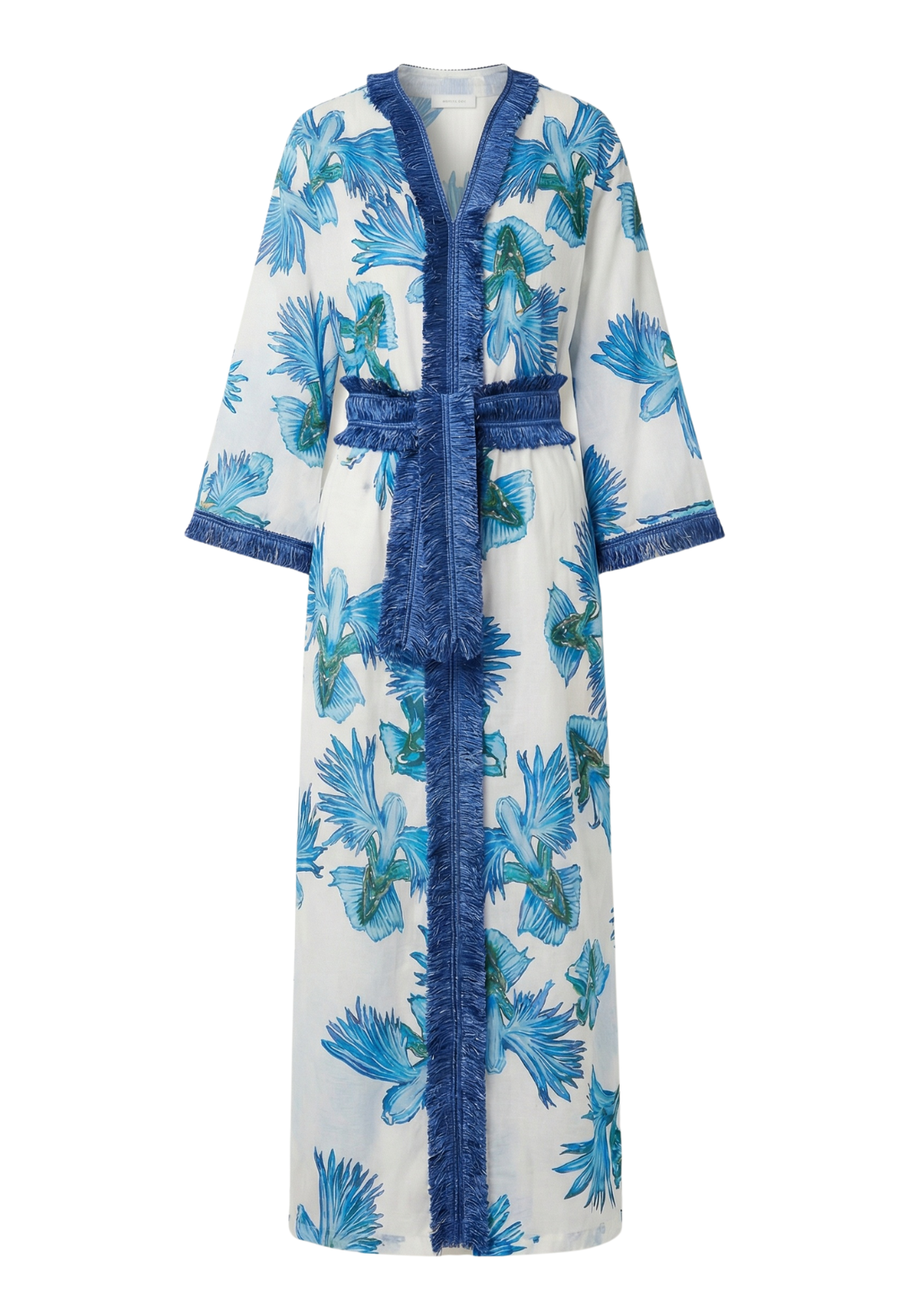 Blue floral cotton voile kaftan in Blue Orchid with raffia trim