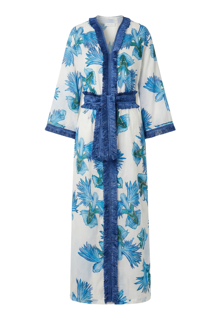 Blue floral cotton voile kaftan in Blue Orchid with raffia trim