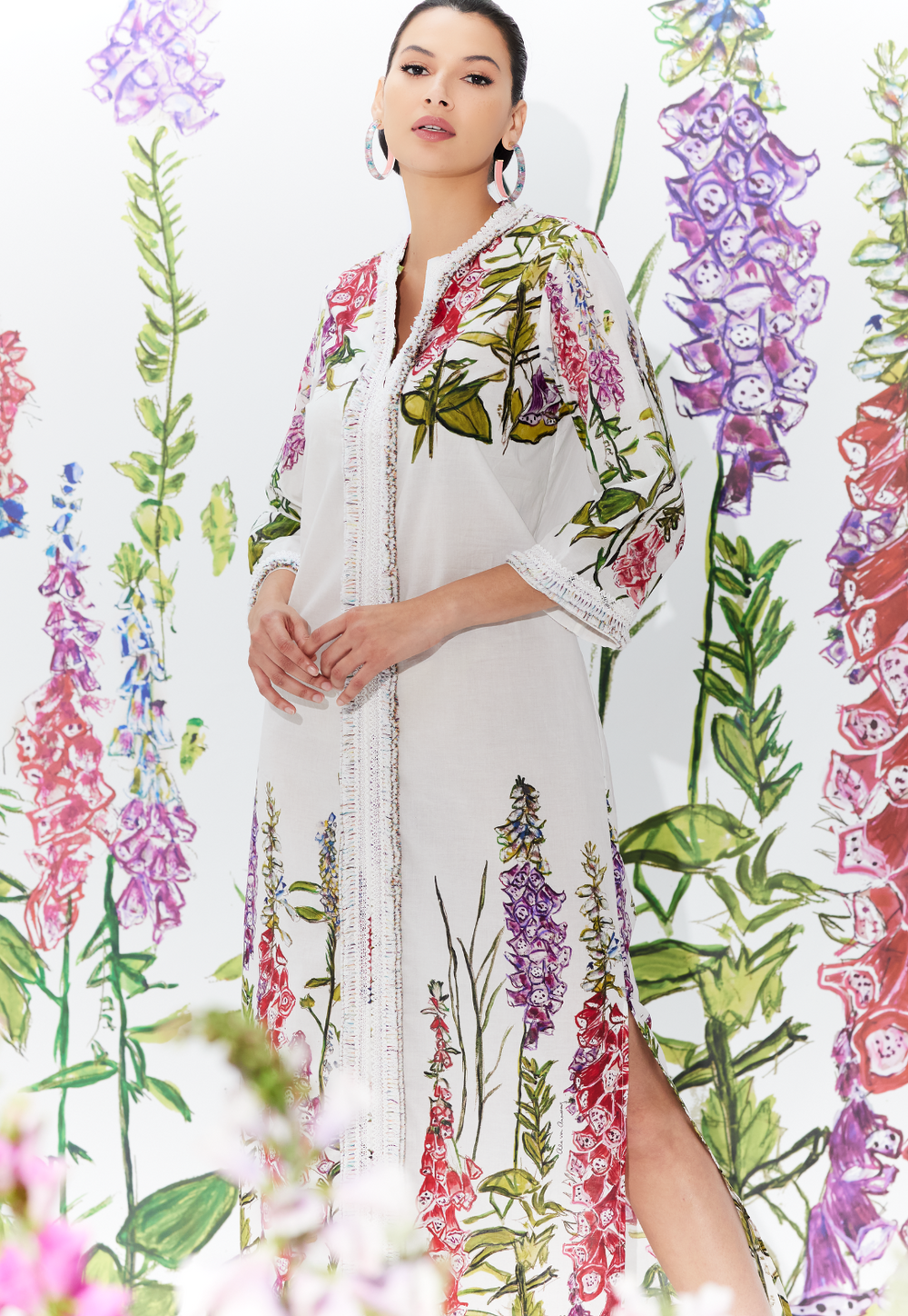 Titania floral cotton kaftan with raffia trim