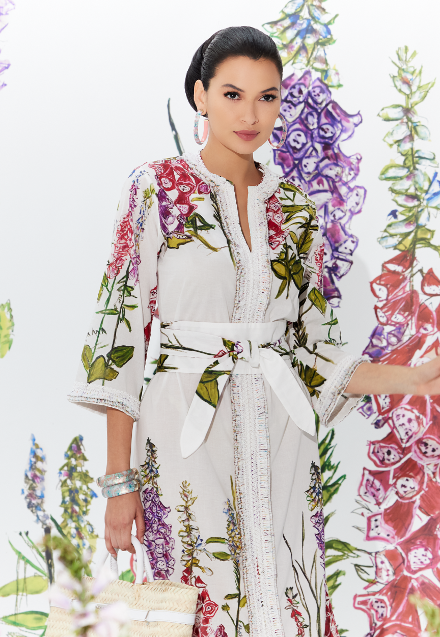 Woman wearing Titania Foxgloves cotton voile kaftan with belt