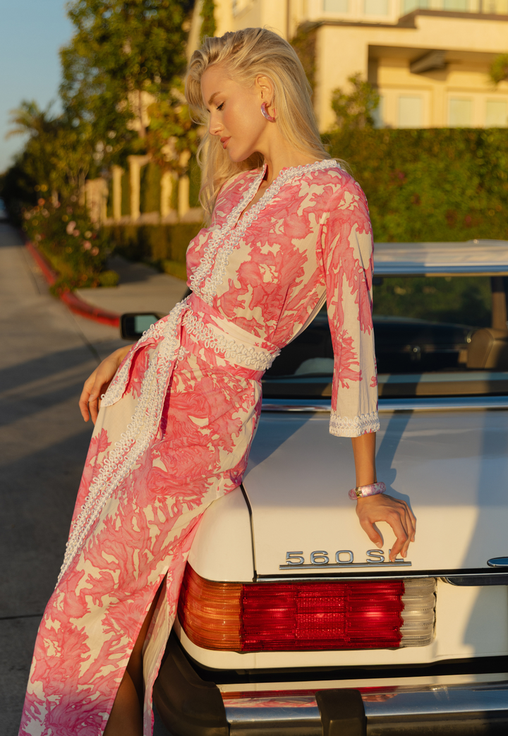 Titania nautical cotton kaftan in Pink Coral with matching obi sash