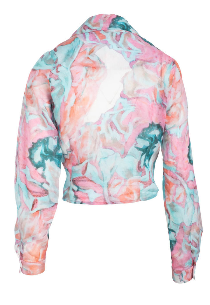 White Daiquiri cotton wrap top featuring pink and green floral print