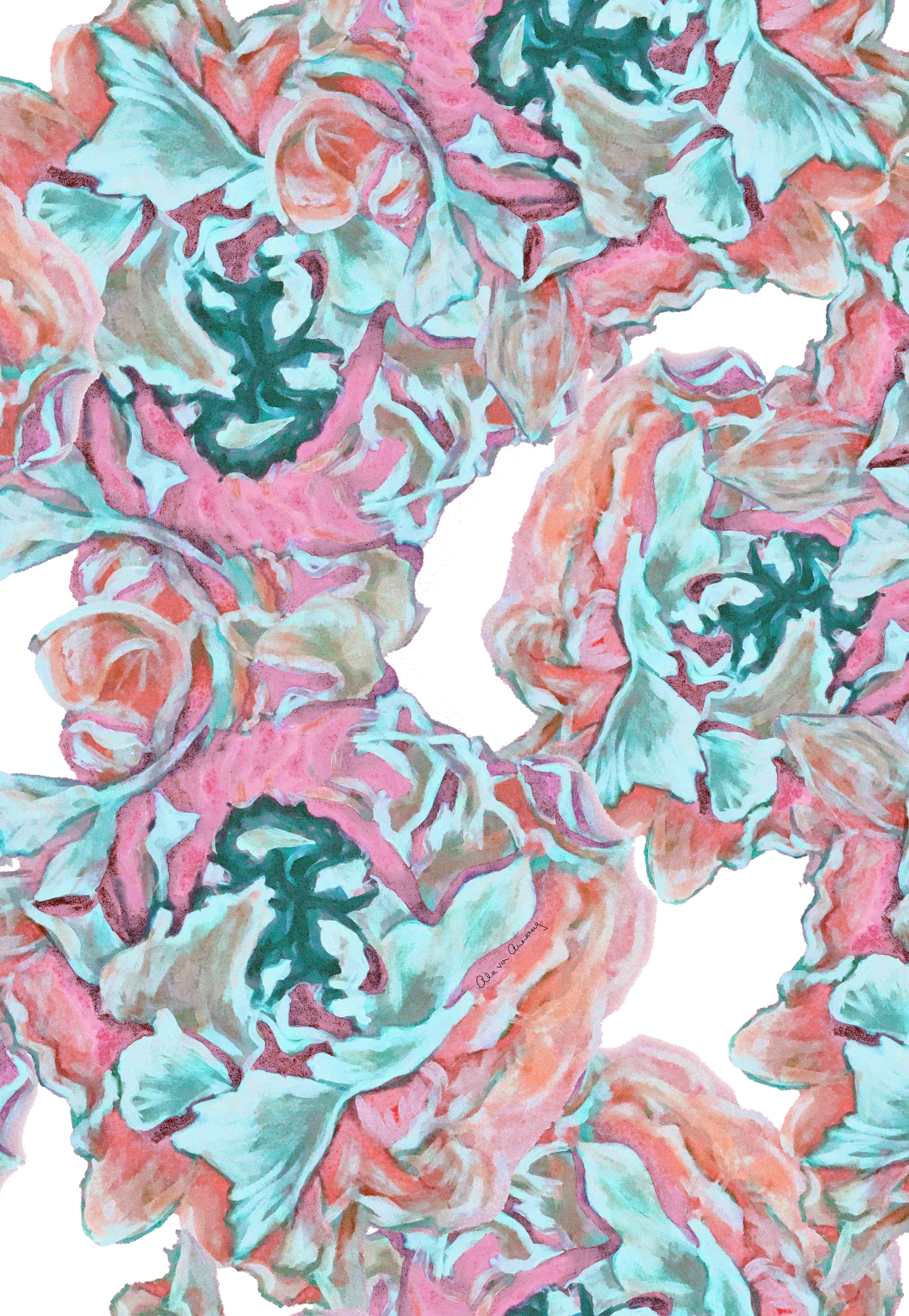 White Daiquiri pink and green floral print painted by Ala von Auersperg