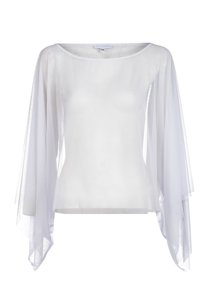 White sheer poncho with asymmetrical hem by Ala von Auersperg
