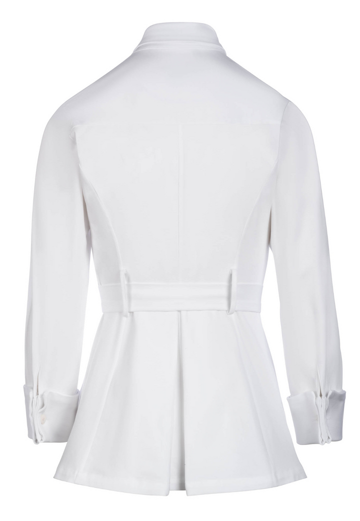 white stretch cotton blouse with curved hem and side slits