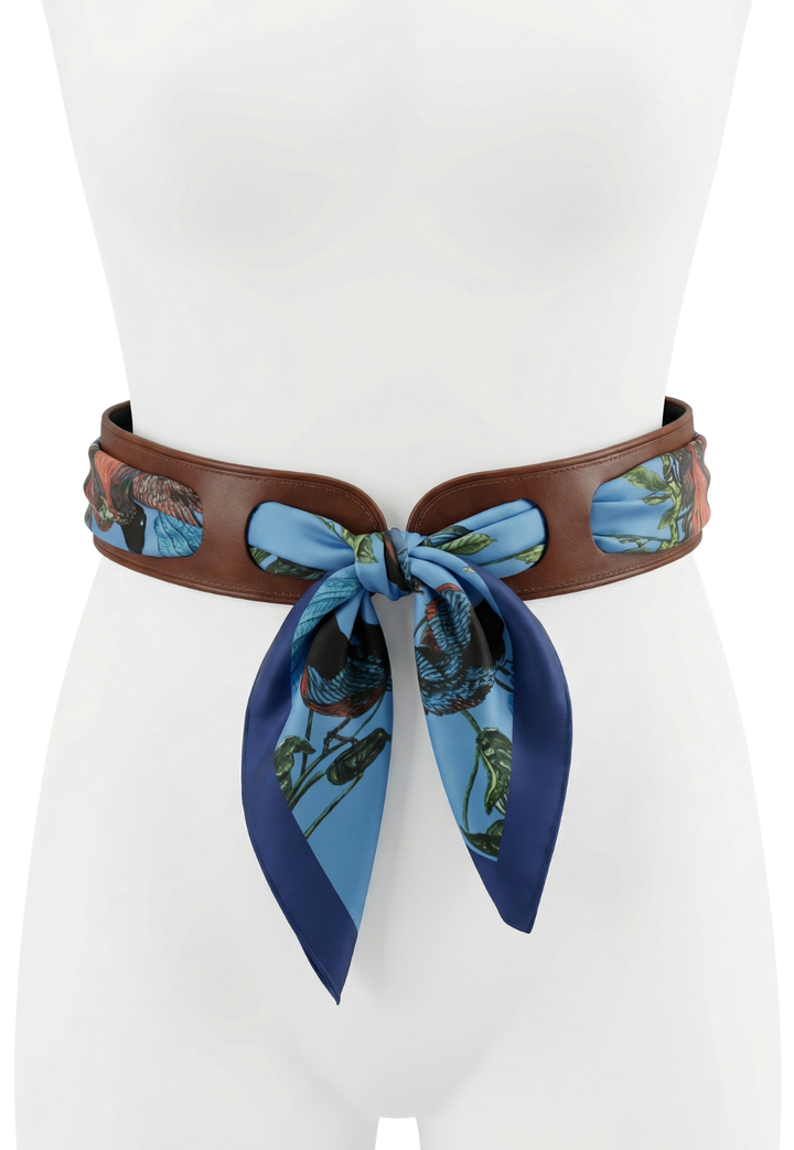 Wide brown leather belt with scarf styling slit