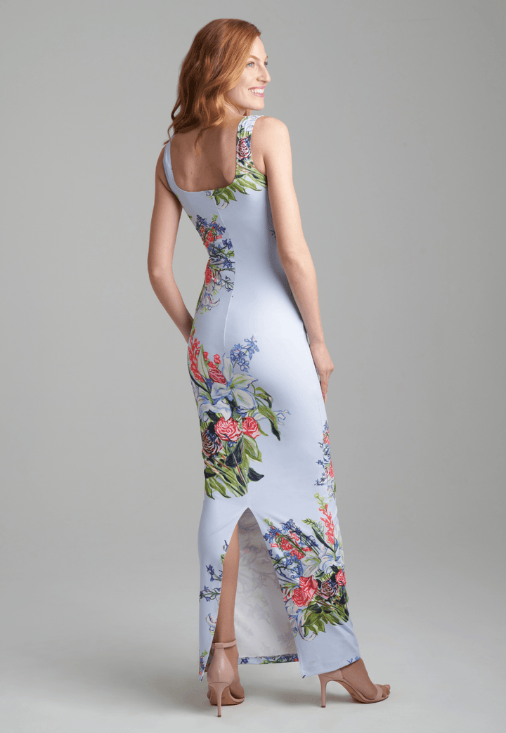 Woman wearing floral bouquet square neck stretch knit long dress by Ala von Auersperg for spring summer 2022