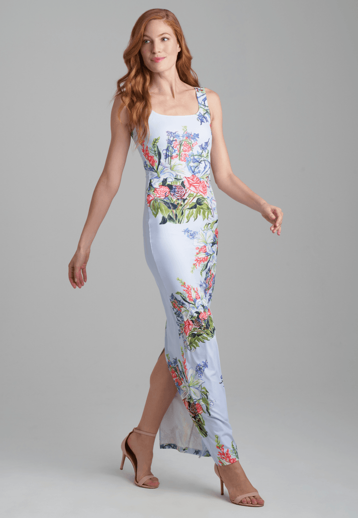 Woman wearing floral bouquet square neck stretch knit long dress by Ala von Auersperg for spring summer 2022