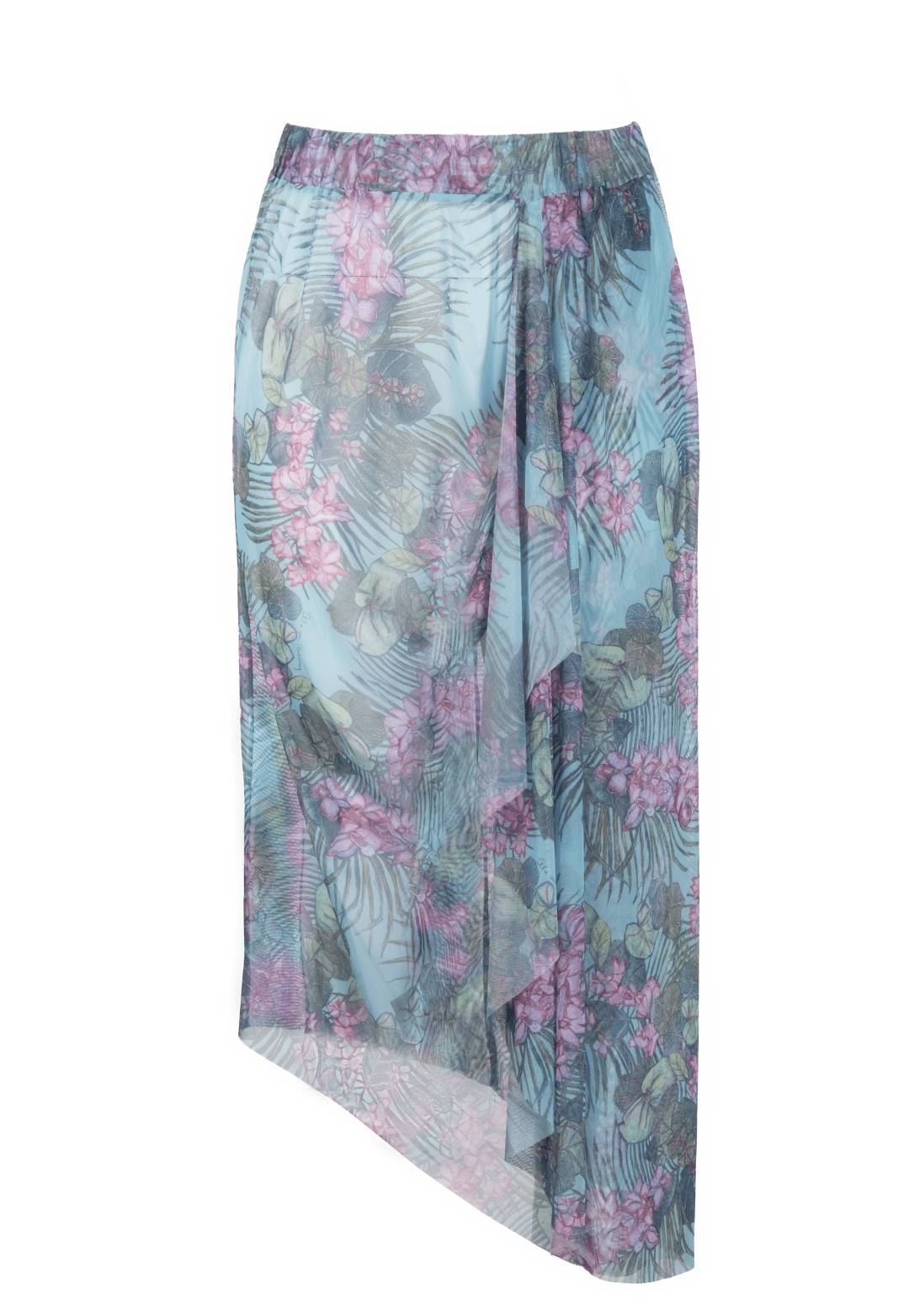 Woman wearing stretch knit tank top in green orchid and palm print with mesh printed orchid and palm green skirt