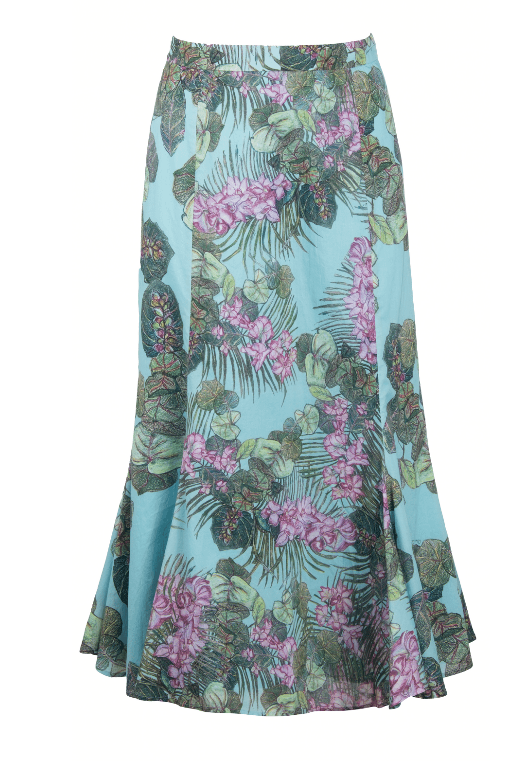 cotton grape leaf and orchid printed green cotton peasant skirt by Ala von Auersperg for resort 2022