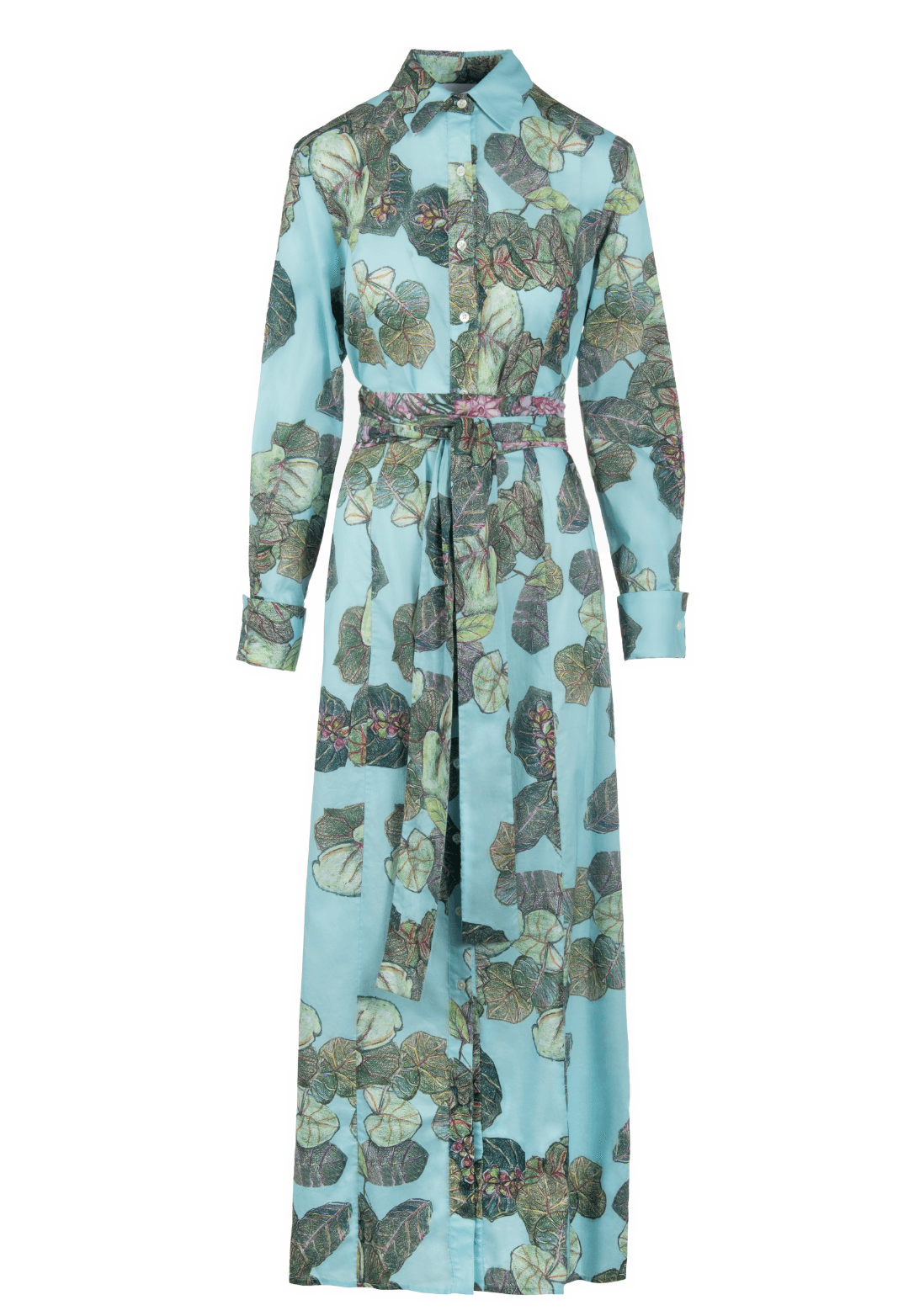 Woman wearing grape leave printed cotton green shirt dress