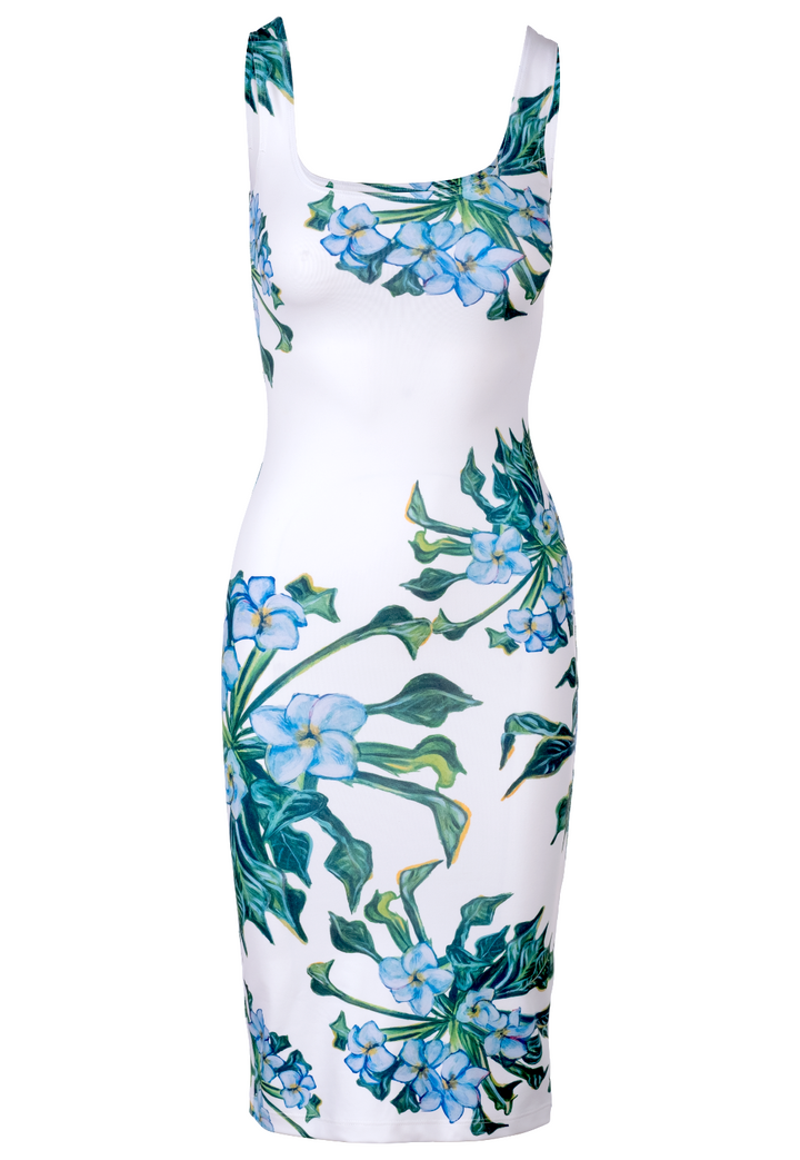 Women's white and green mock coffee printed square neck stretch knit short dress by Ala von Auersperg for resort 2023