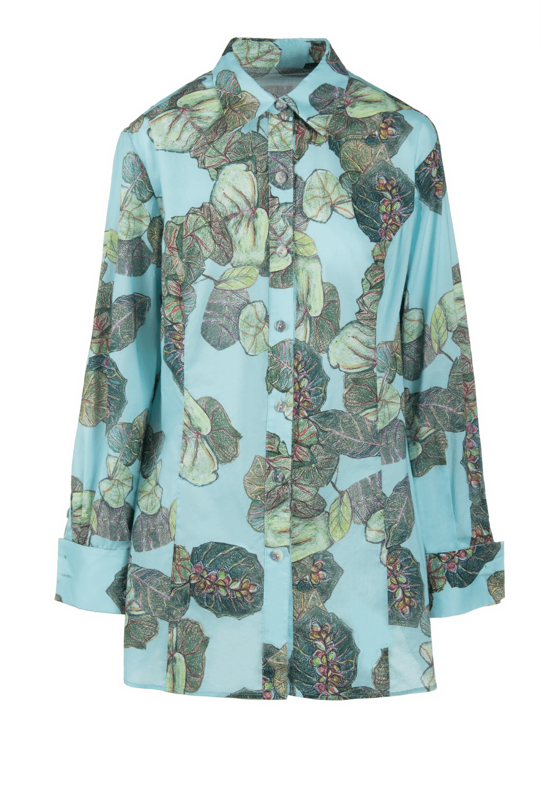grape leaf printed green tailored shirt blouse by Ala von Auersperg for resort 2022