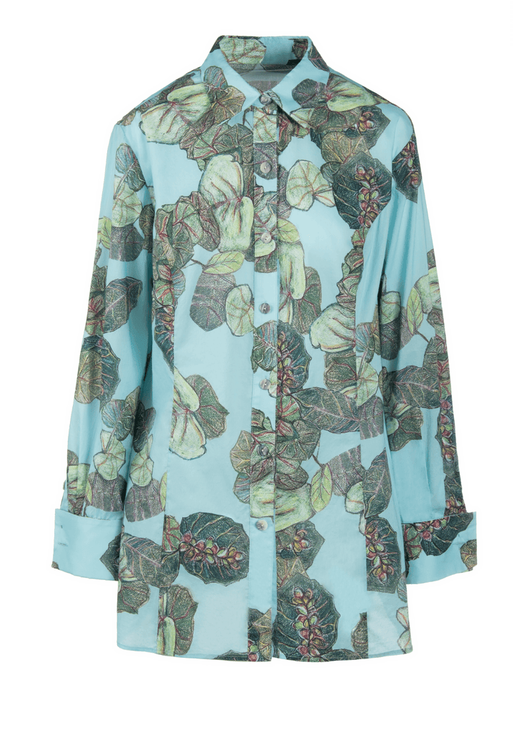 grape leaf printed green tailored shirt blouse by Ala von Auersperg for resort 2022