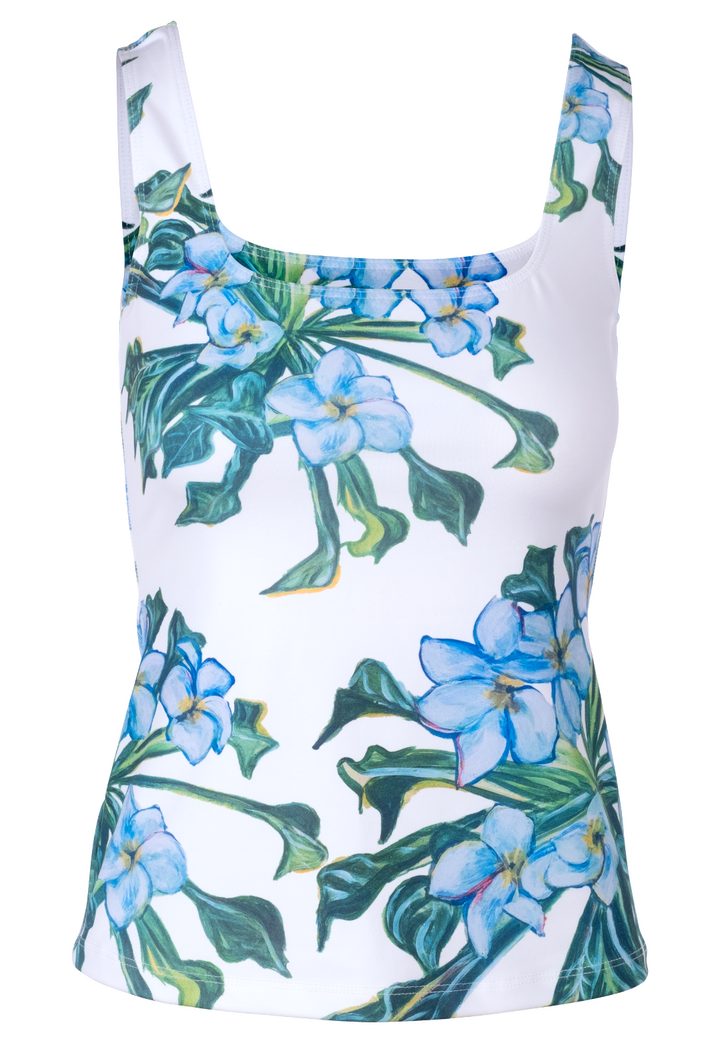 Women's scoop neck stretch knit green and white mock coffee printed tank top by Ala von Auersperg for resort 2023