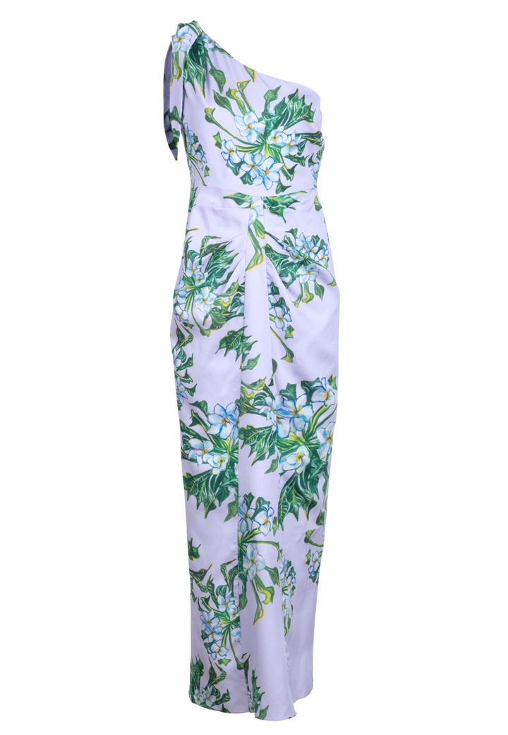 Woman wearing lavender mock coffee printed silk one shoulder long dress by Ala von Auersperg