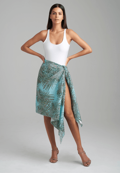 cotton palm leaf printed green blue pareo beach cover up by Ala von Auersperg for resort 2022