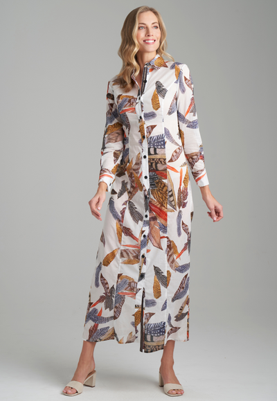 Woman wearing cotton feather printed shirt dress by Ala von Auersperg for fall 2020