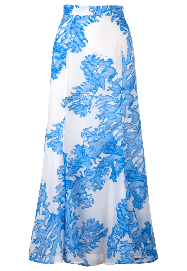 Women's long peasant skirt with flounce printed in blue coral cotton by Ala von Auersperg for resort 2023