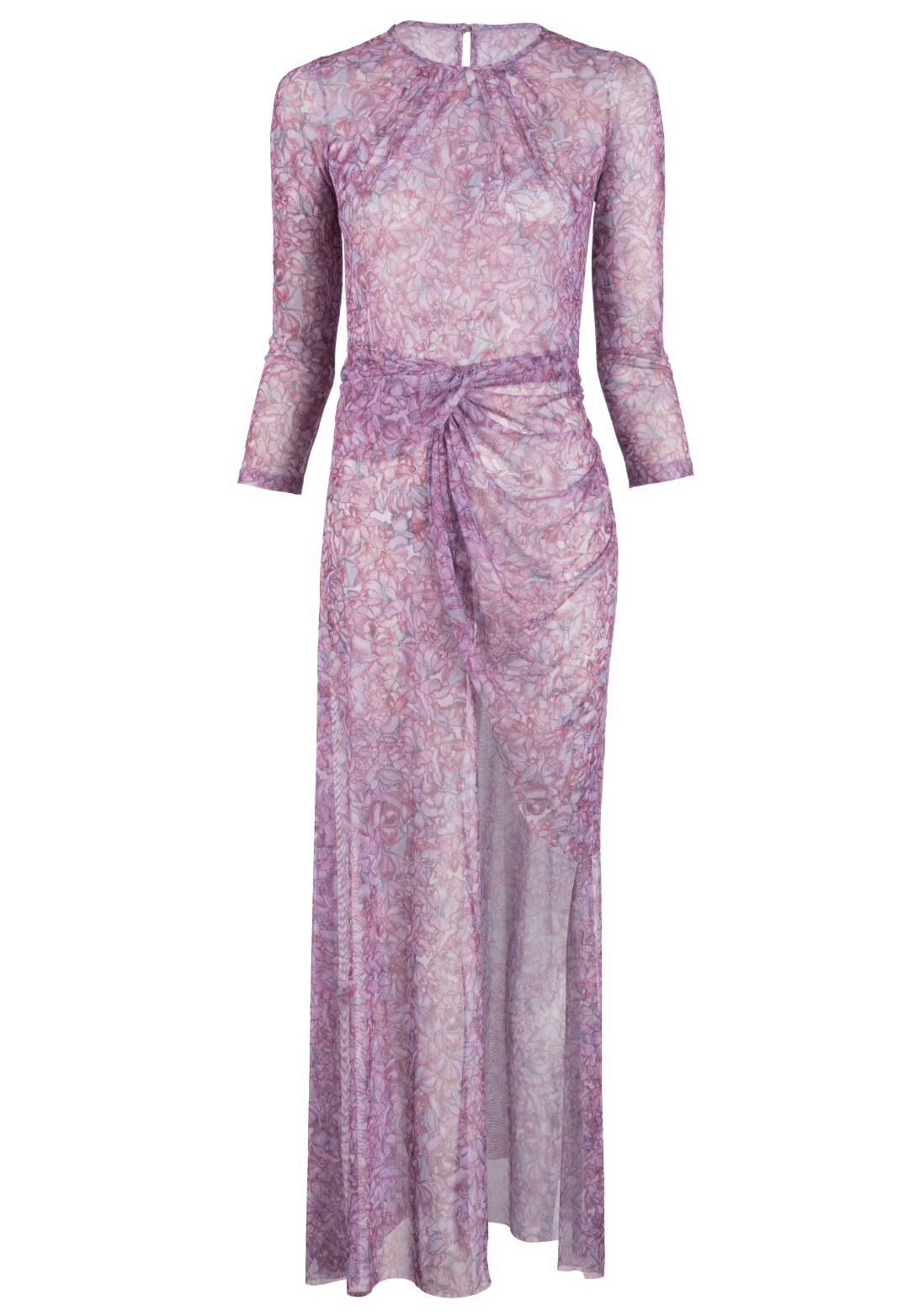 Mesh asymmetrical topper in printed pink orchid flowers by Ala von Auersperg for resort 2022