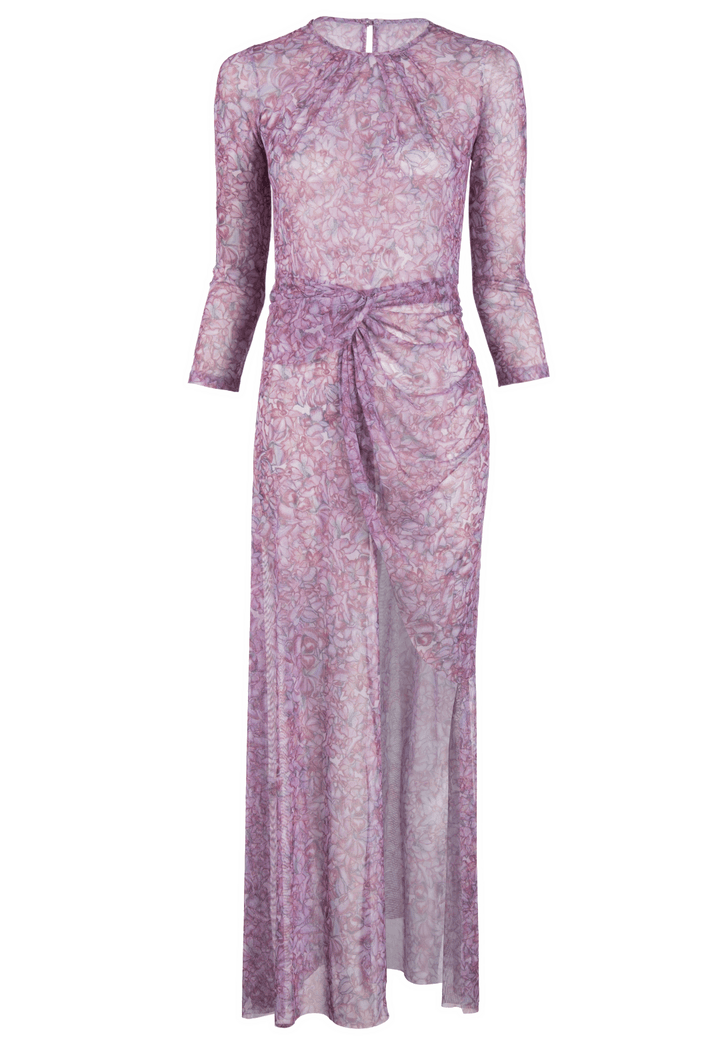 Mesh asymmetrical topper in printed pink orchid flowers by Ala von Auersperg for resort 2022