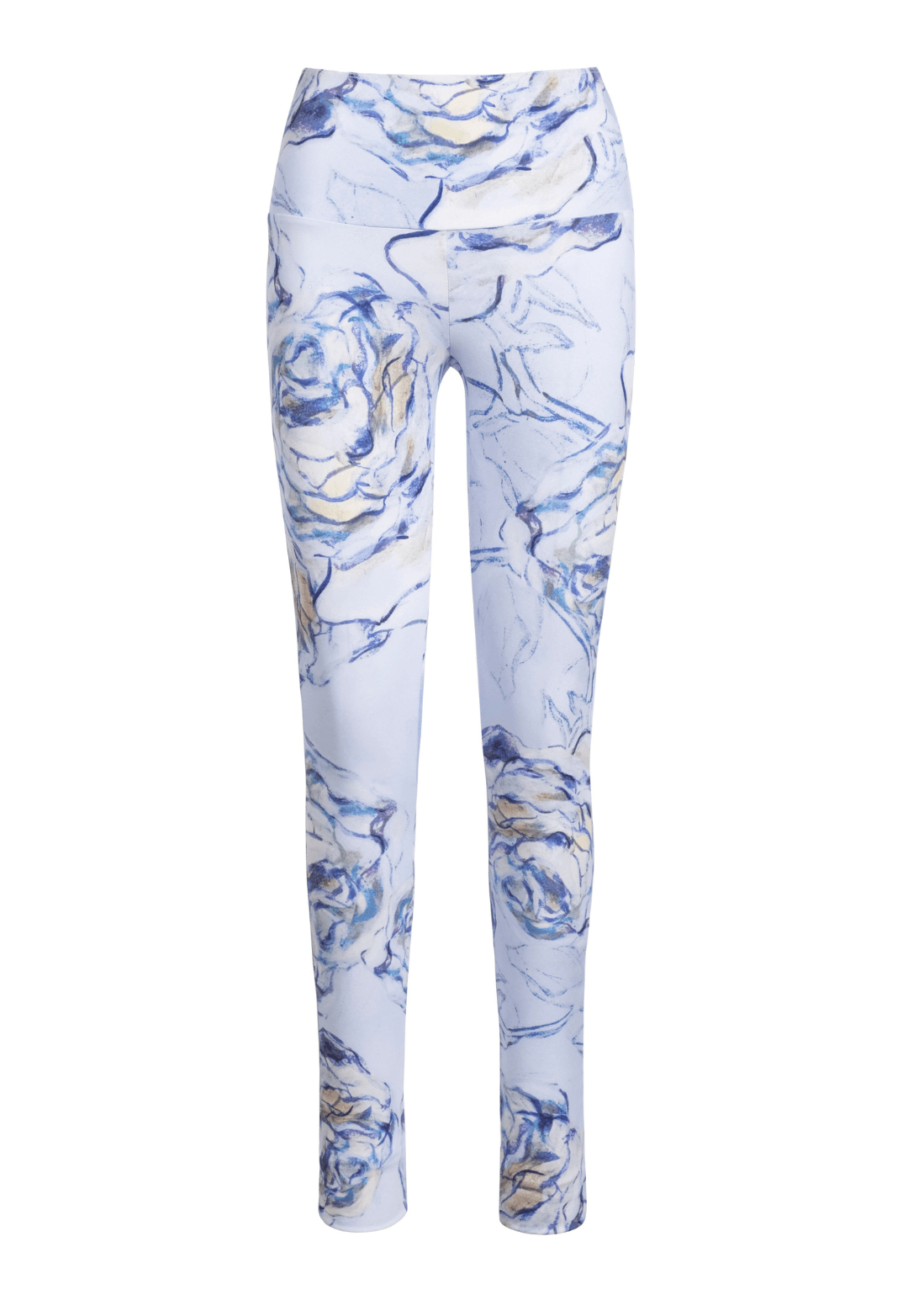 blue rose printed stretch knit skinny leg pant by Ala von Auersperg for spring summer 2022  