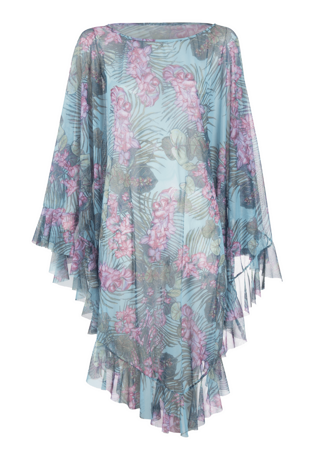 Woman wearing mesh printed orchid and palm poncho over stretch knit tank top and stretch knit pant printed in orchid and palm