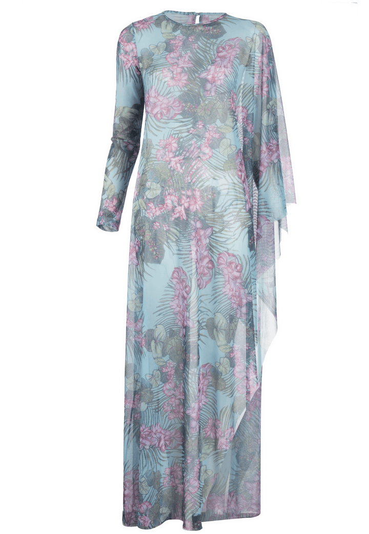 mesh long one sleeved poncho printed in orchid and palm by Ala von Auersperg for resort 2022