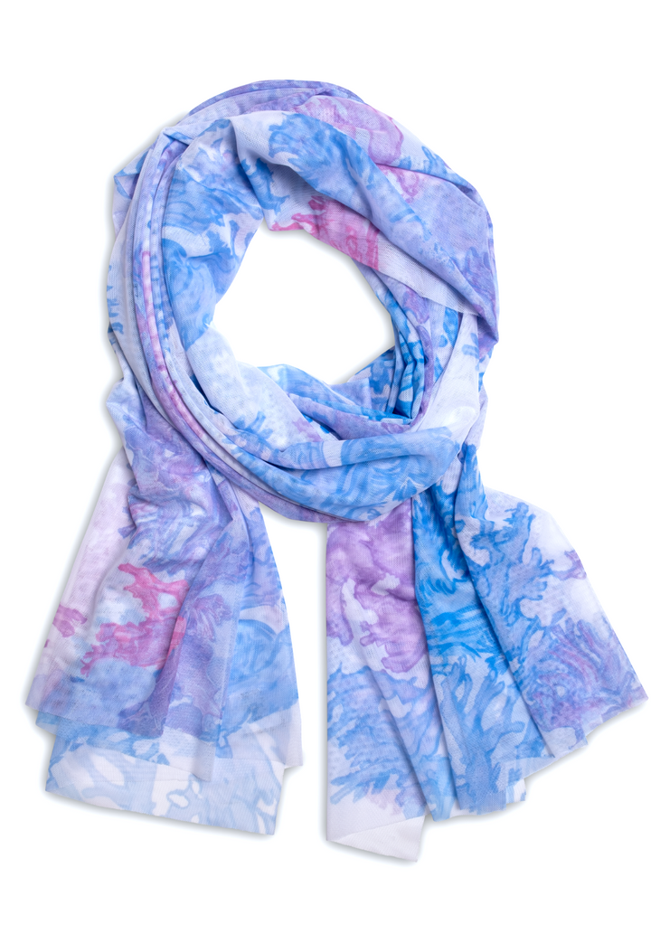 Women's mesh wrap shawl in coral printed mesh by Ala von Auersperg