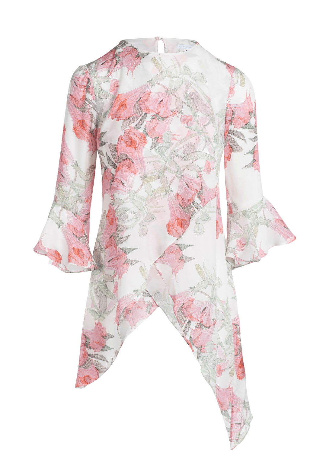 Asymmetrical silk flower printed blouse with bell sleeve