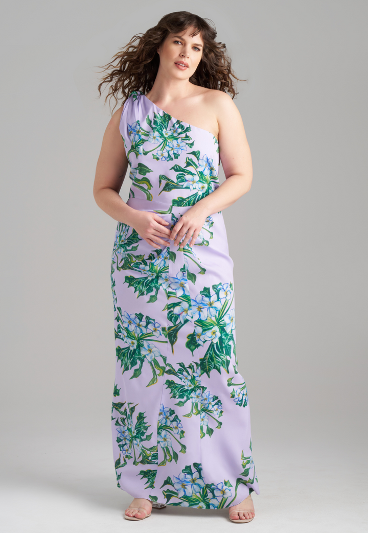 Woman wearing lavender mock coffee printed silk one shoulder long dress by Ala von Auersperg
