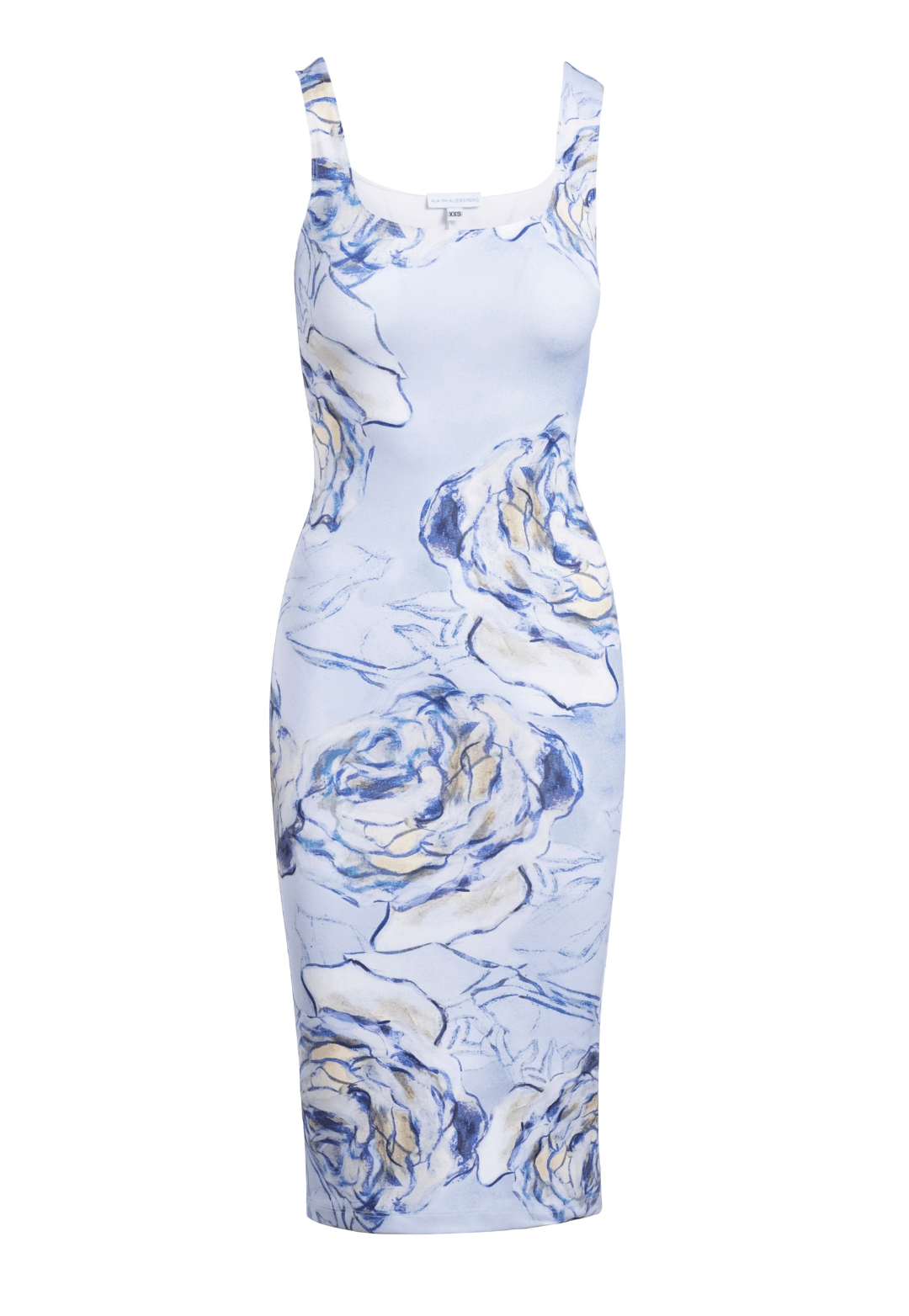 blue rose printed short square neck stretch knit dress by Ala von Auersperg for spring summer 2022
