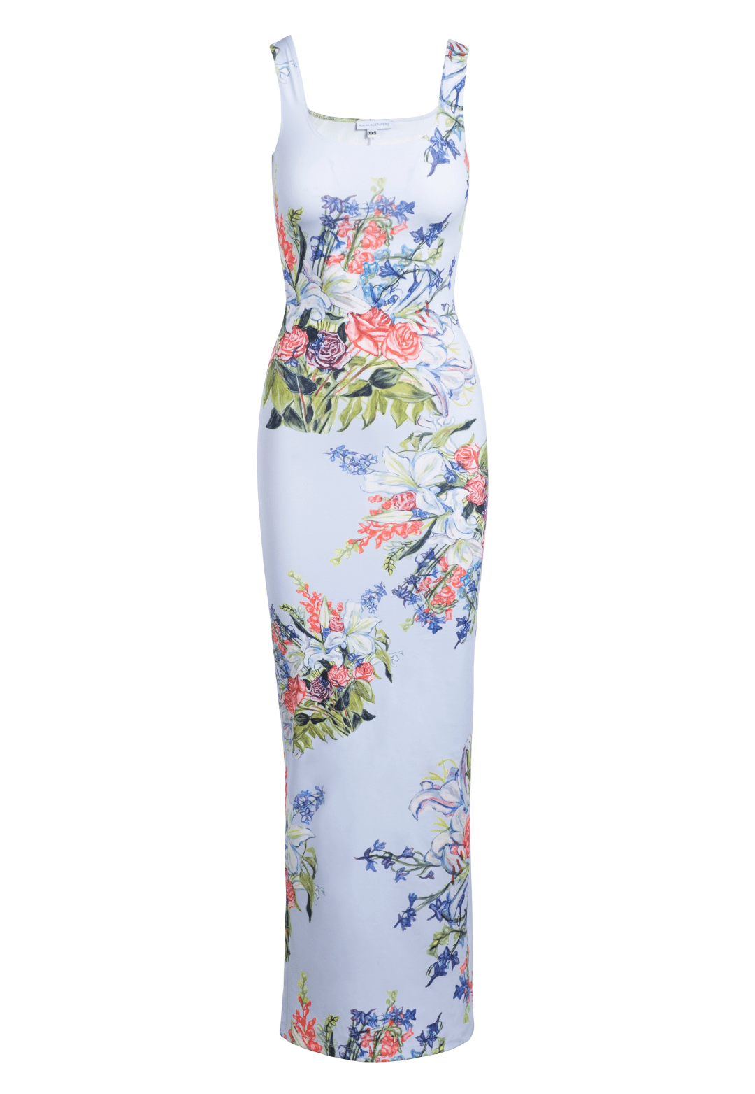 Floral bouquet square neck stretch knit long dress by Ala von Auersperg for spring summer 2022