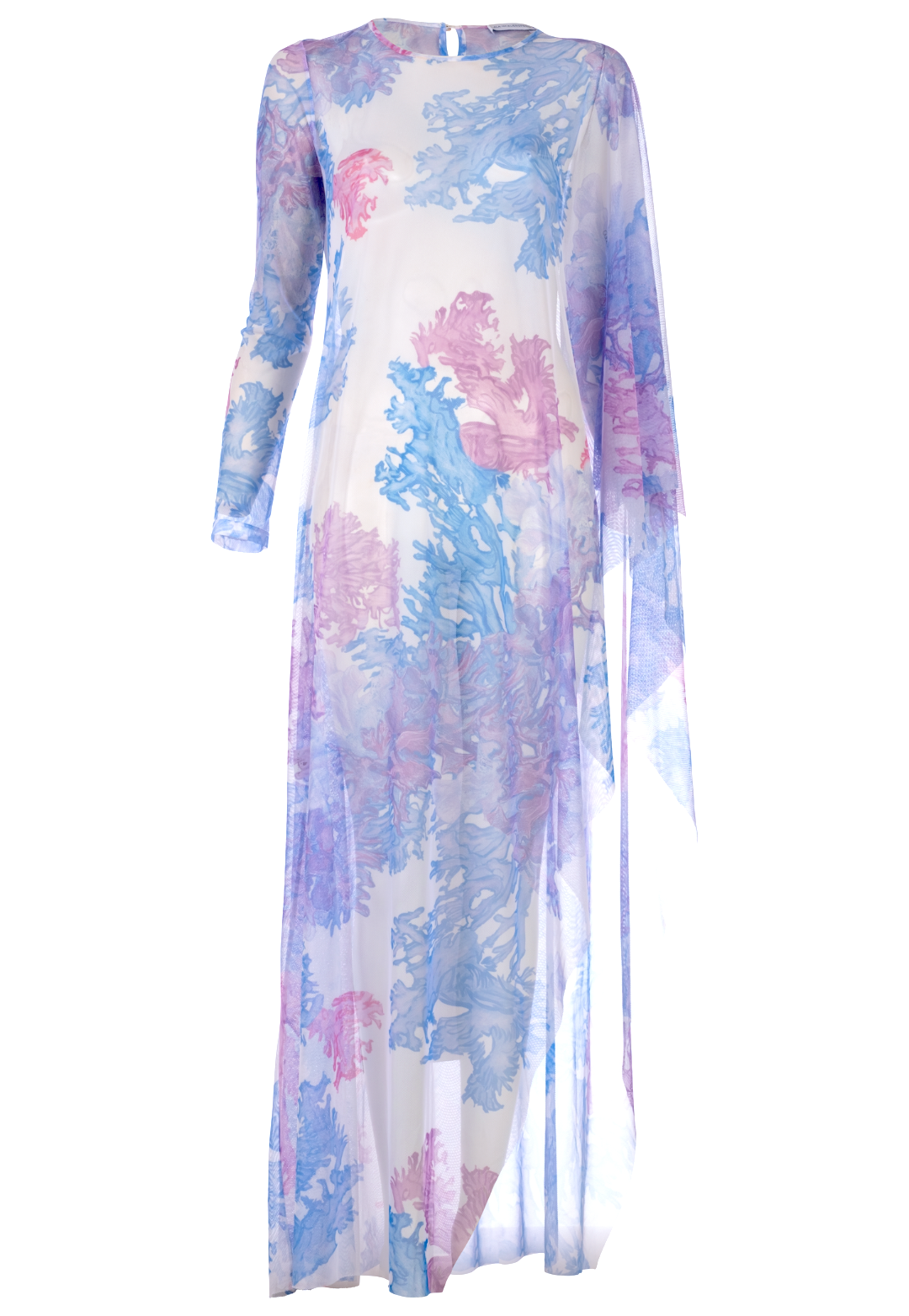 Women's coral printed mesh poncho kaftan with one sleeve by Ala von Auersperg for resort 2023