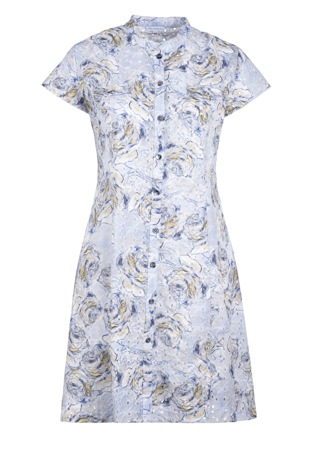 blue rose printed cotton eyelet short dress by Ala von Auersperg for spring summer 2022
