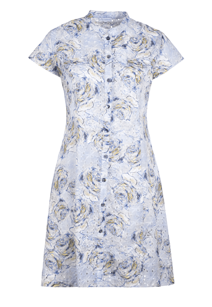 blue rose printed cotton eyelet short dress by Ala von Auersperg for spring summer 2022