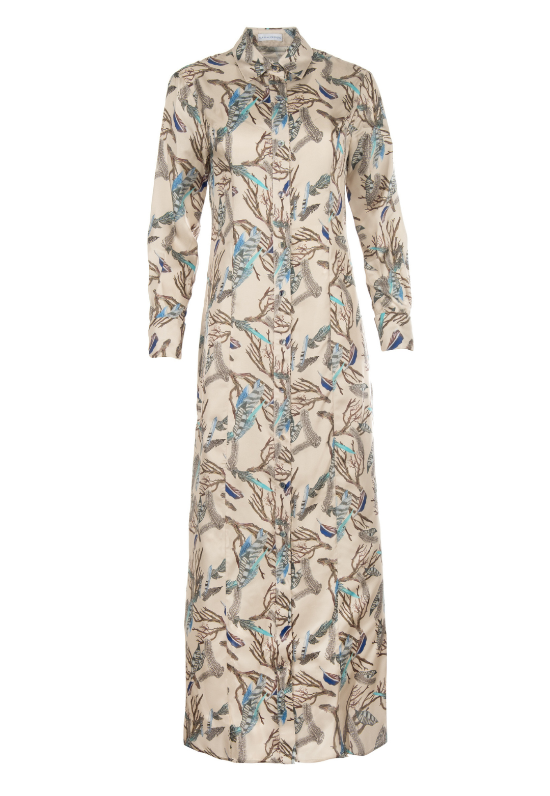 Feather printed silk shirt dress by Ala von Auersperg for fall 2022