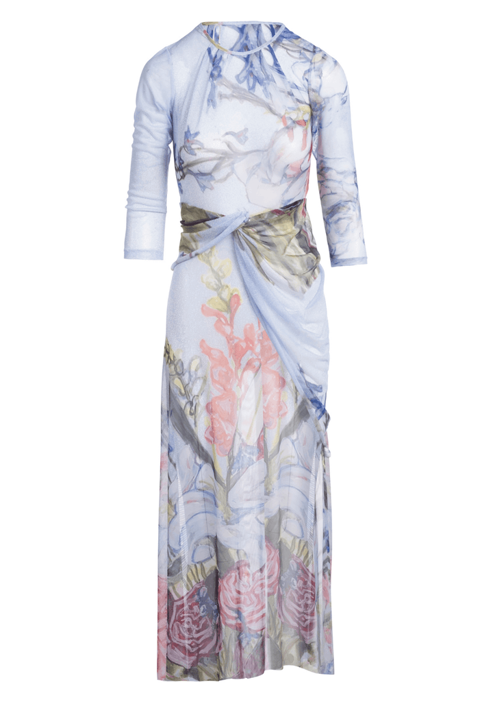 sheer mesh asymmetrical floral bouquet printed topper by Ala von Auersperg for spring summer 2022