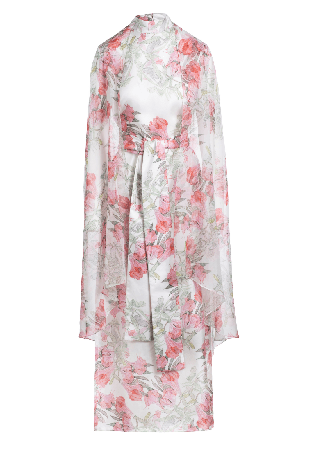 Flower printed long silk turtle neck dress with attached cape by Ala von Auersperg for spring summer 2022