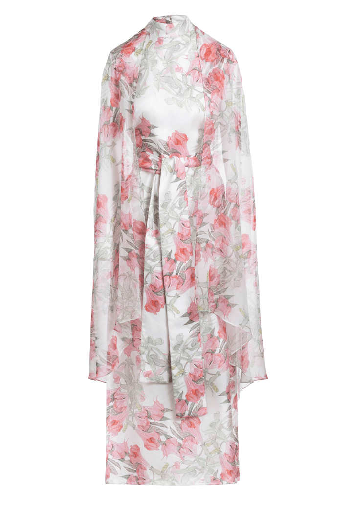 Flower printed long silk turtle neck dress with attached cape by Ala von Auersperg for spring summer 2022