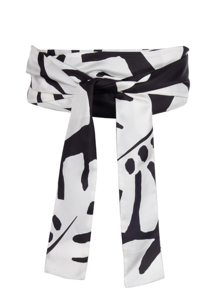 Black and white silk sash obi belt by Ala von Auersperg for holiday 2022