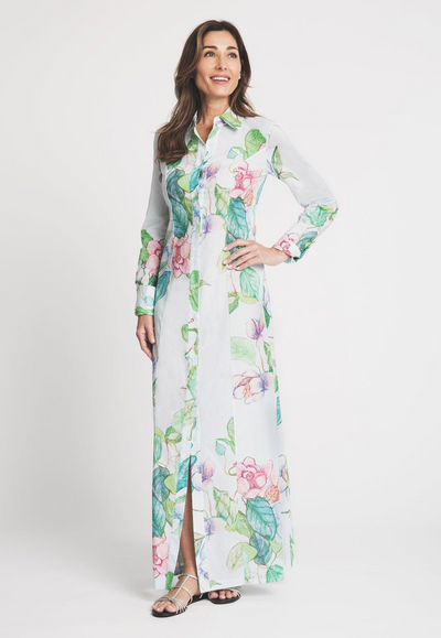 Woman wearing blue and green flower printed cotton long shirt dress by Ala von Auersperg
