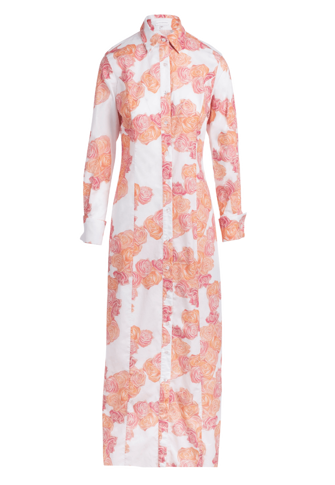 Rose printed white ground cotton shirtdress by Ala von Auersperg for spring summer 2022