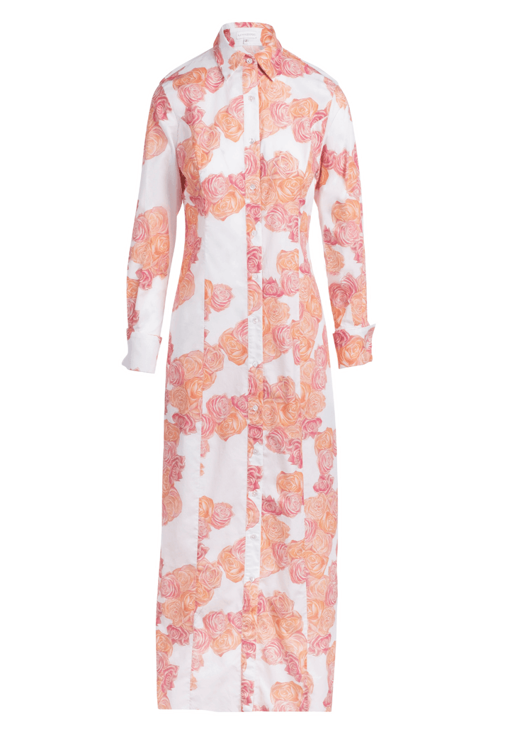 Rose printed white ground cotton shirtdress by Ala von Auersperg for spring summer 2022