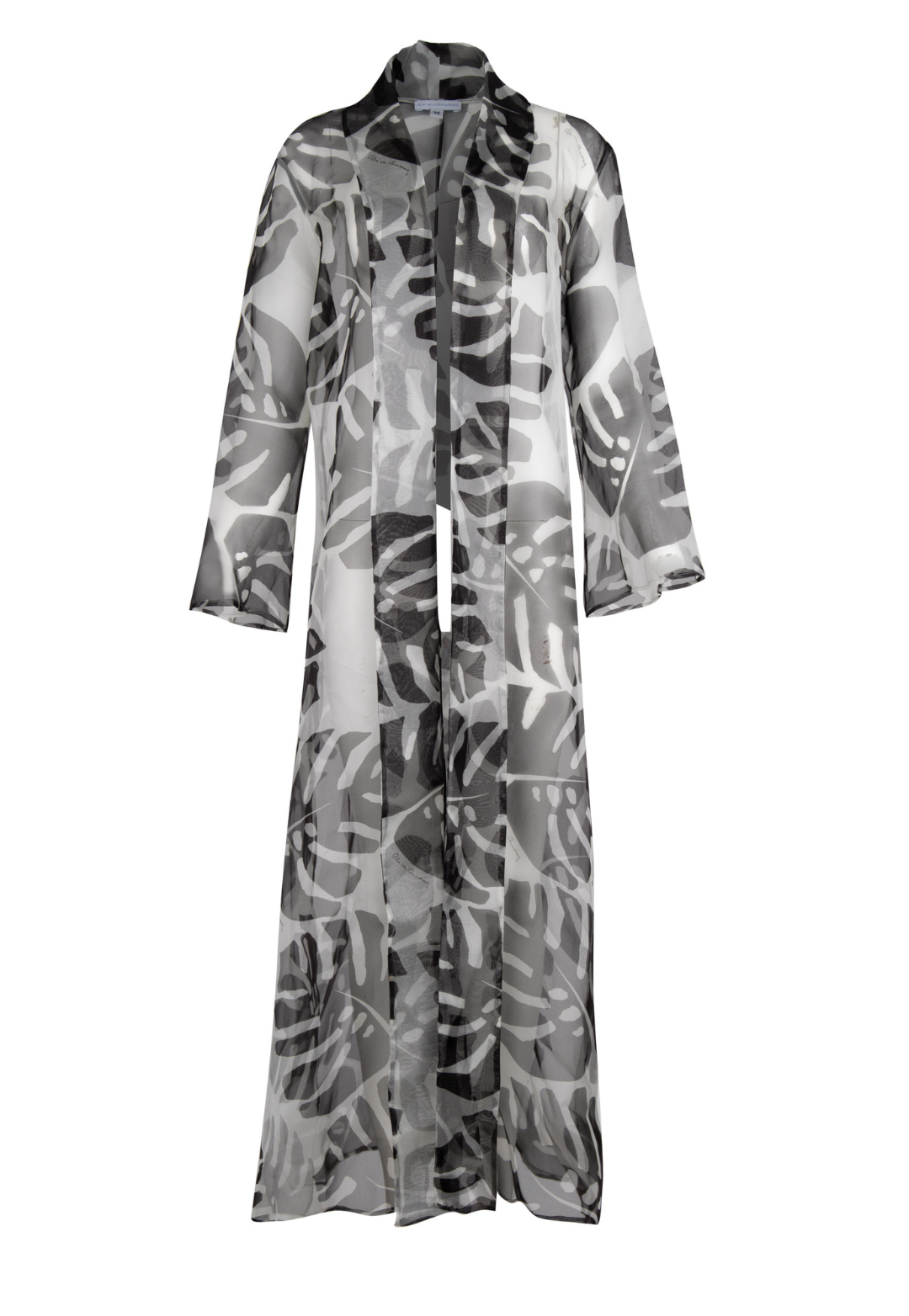 long silk organza see through black and white palm leaf printed duster jacket coat by Ala von Auersperg for holiday 2022