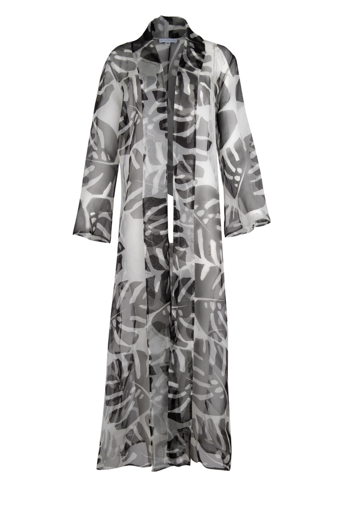 long silk organza see through black and white palm leaf printed duster jacket coat by Ala von Auersperg for holiday 2022