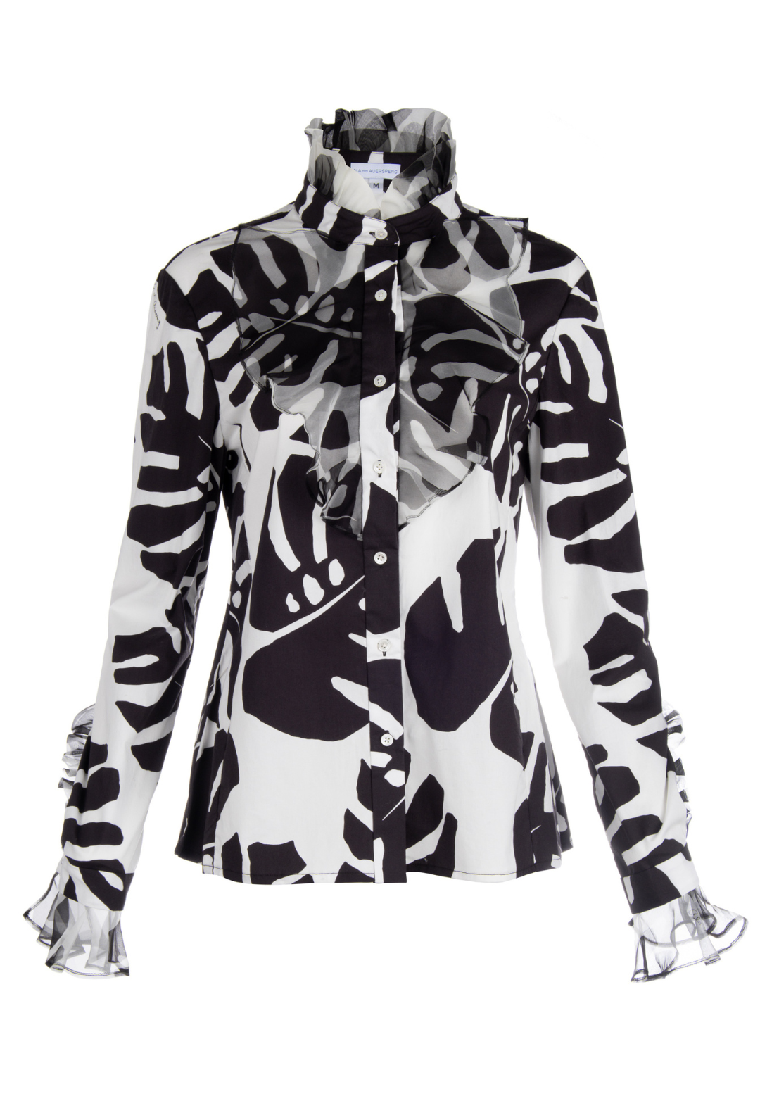 cotton turtleneck black and white palm leaf printed blouse with ruffle sleeve and collar details with by Ala von Auersperg for holiday 2022