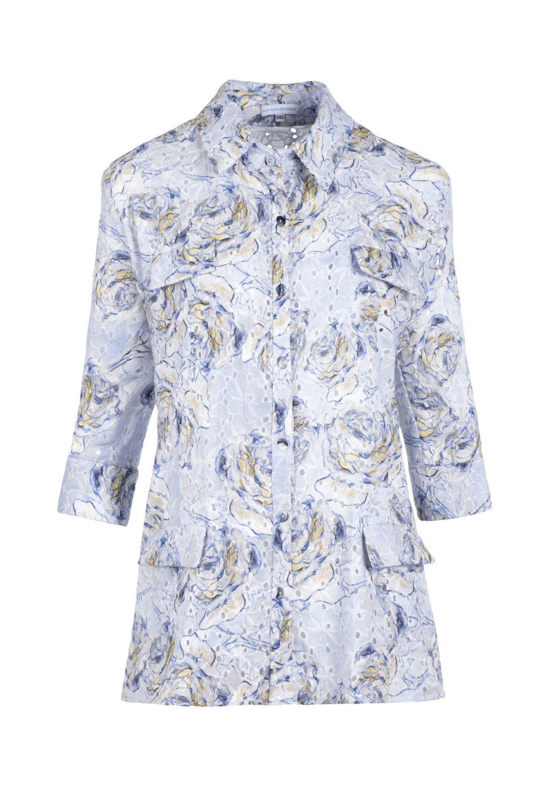 blue rose cotton eyelet shirt safari jacket by Ala von Auersperg for spring summer 2022
