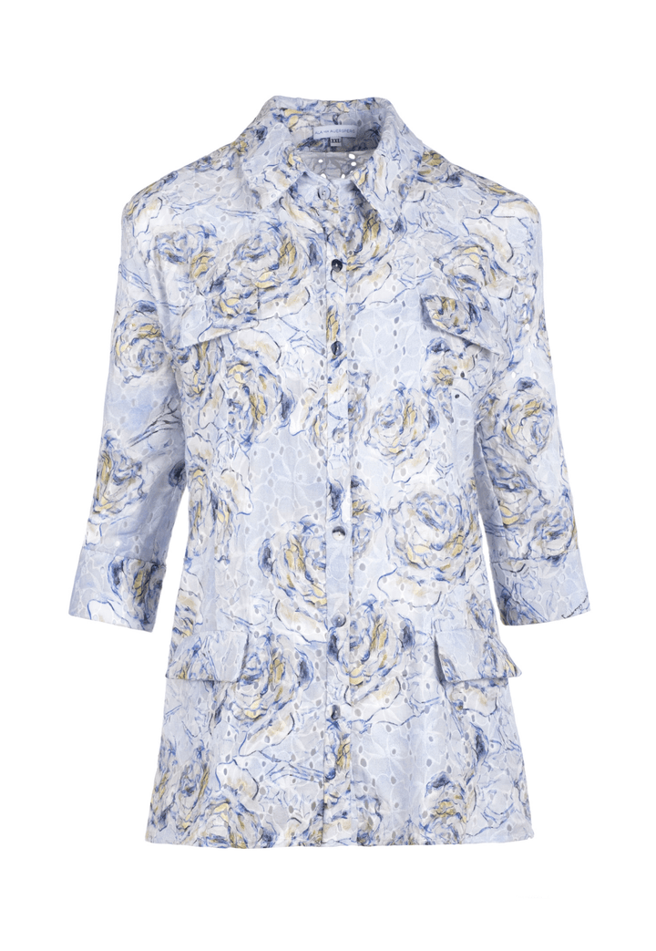 blue rose cotton eyelet shirt safari jacket by Ala von Auersperg for spring summer 2022
