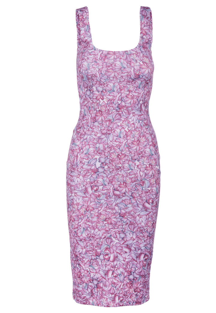 printed pink orchid square neck stretch knit short dress by Ala von Auersperg for resort 2022